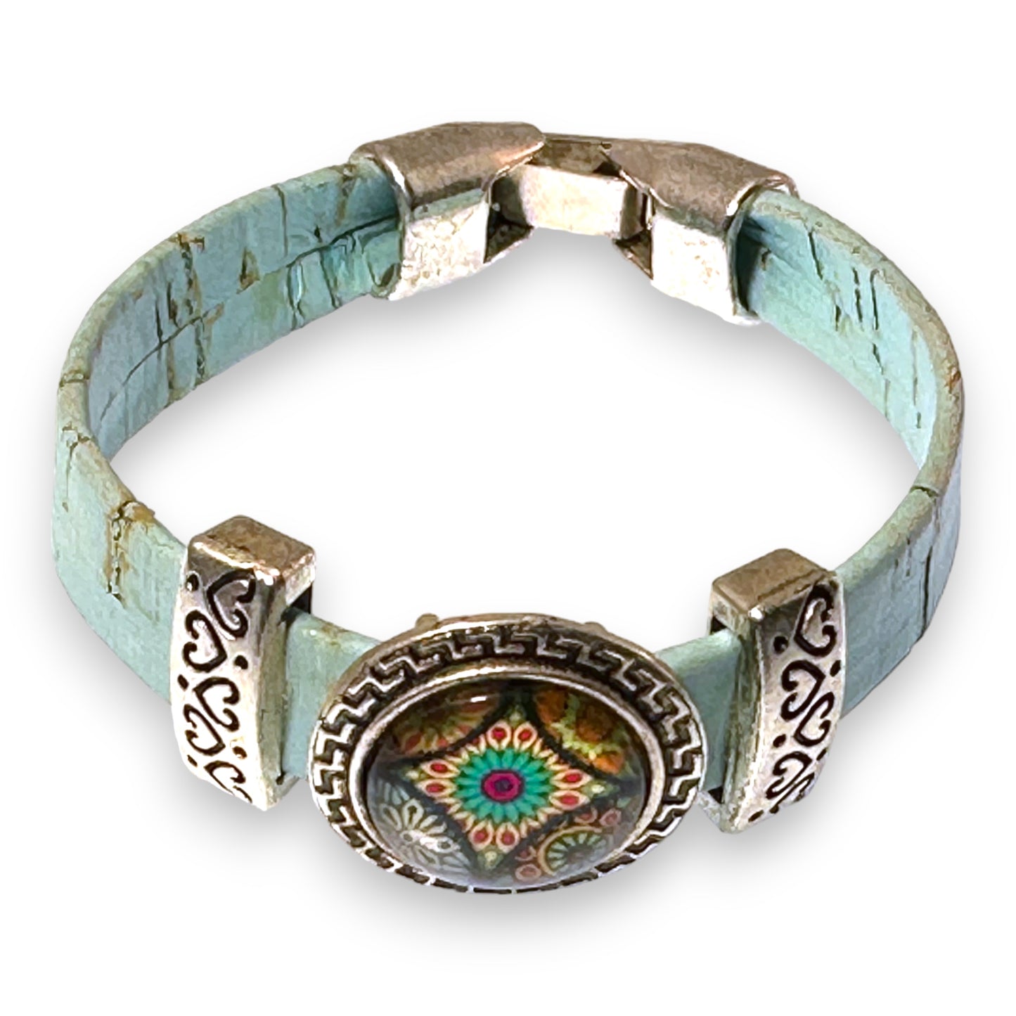 Mint Green Eco-Friendly Cork Cord Bracelet With Portuguese Tile Pattern Slider Bead
