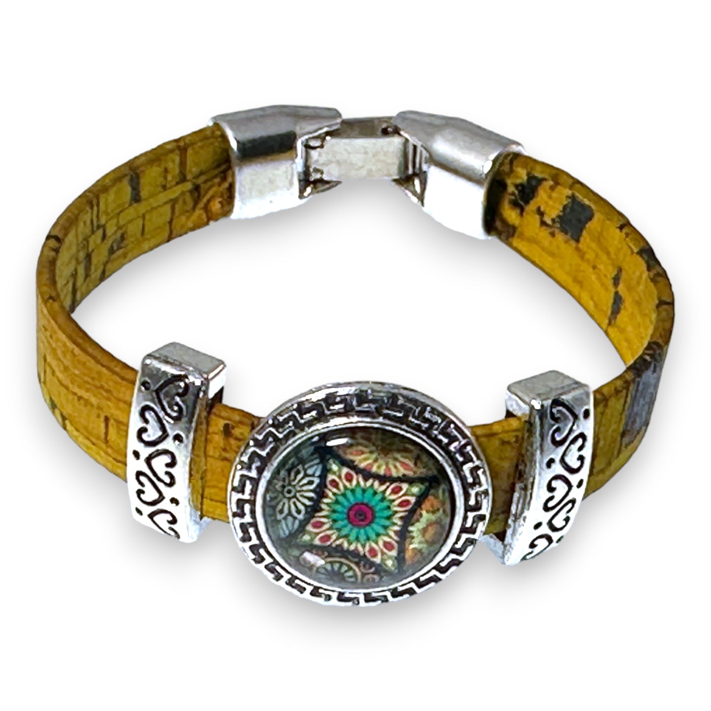 Mustard Eco-Friendly Cork Bracelet With Portuguese Tile Pattern Slider Bead