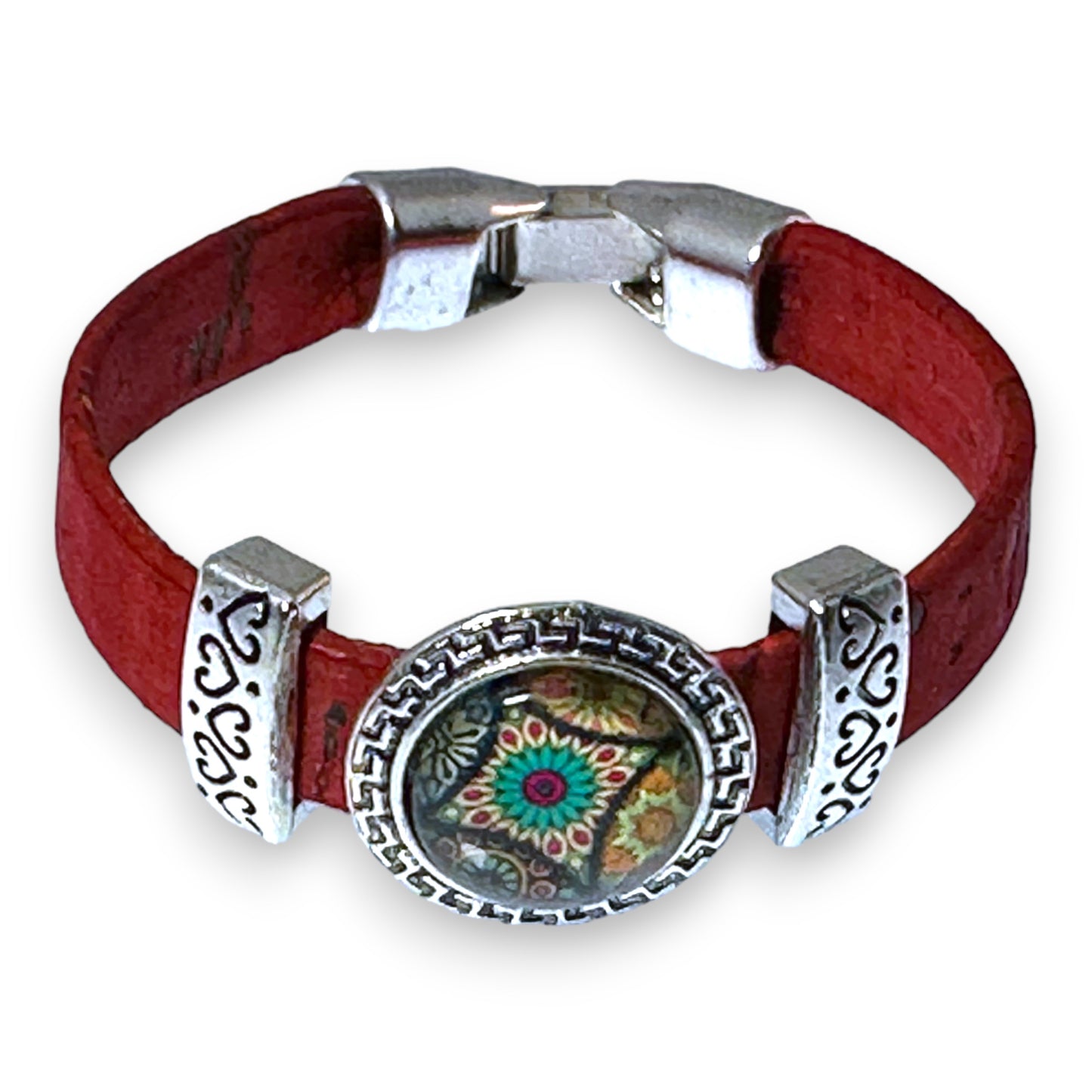 Wine Red Eco-Friendly Cork Bracelet With Portuguese Tile Pattern Slider Bead