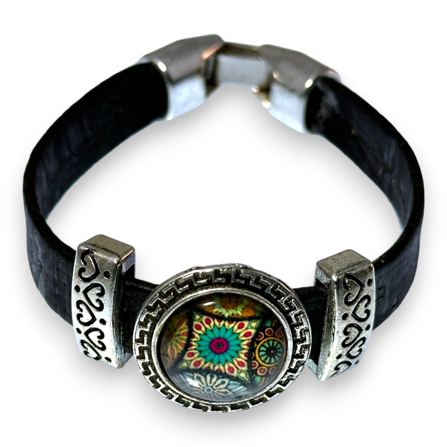 Black Eco-Friendly Cork Bracelet With Portuguese Tile Pattern Slider Bead