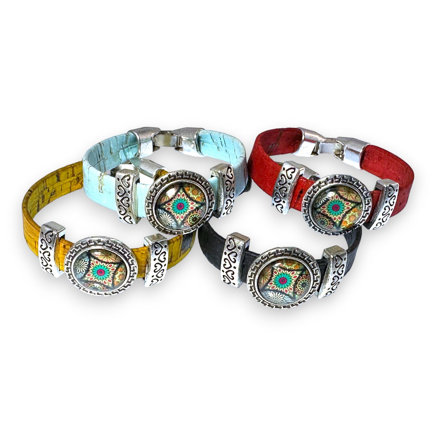 Black Eco-Friendly Cork Bracelet With Portuguese Tile Pattern Slider Bead