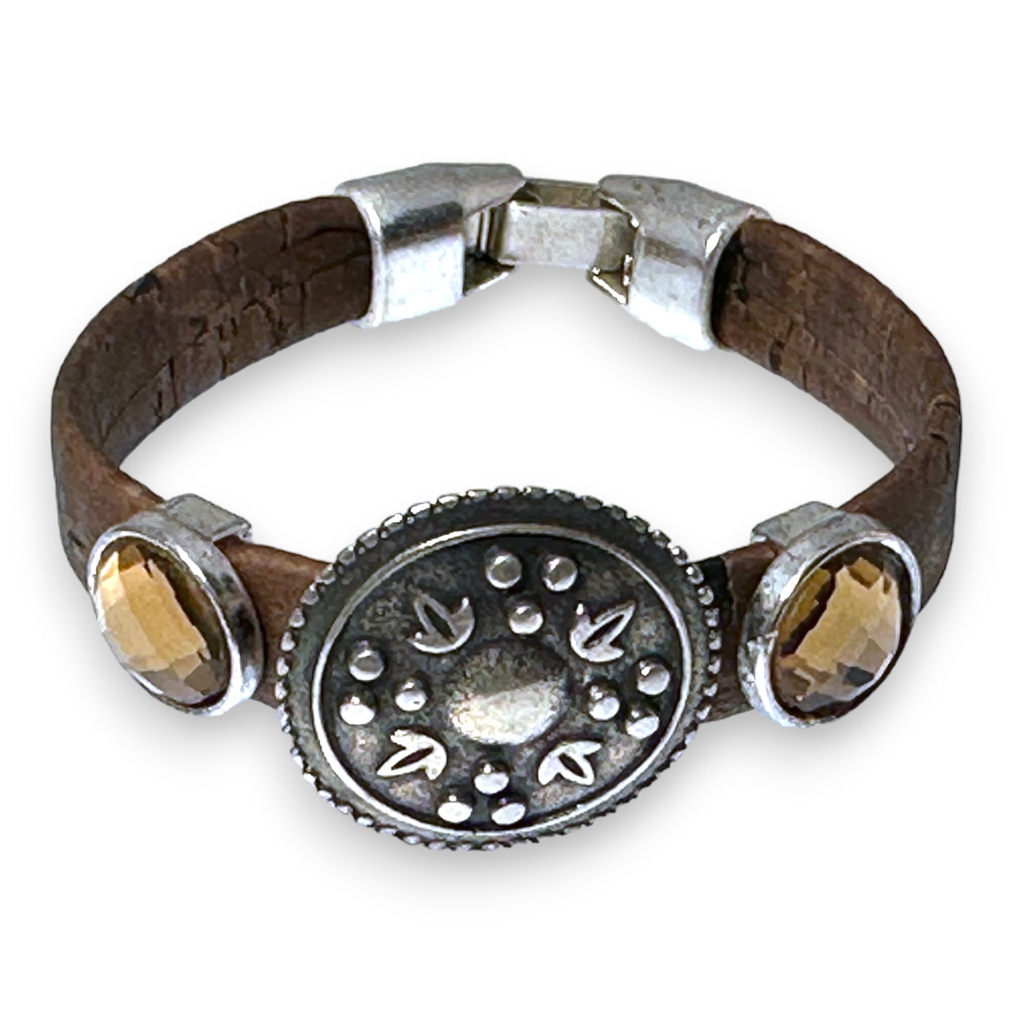 Dark Brown Eco-Friendly Cork Bracelet With Silver and Crystal Sliders