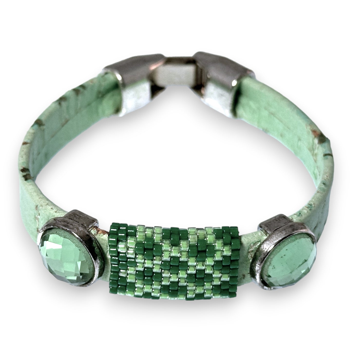 Mint Green Eco-Friendly Cork Bracelet with Handwoven Peyote Bead Design