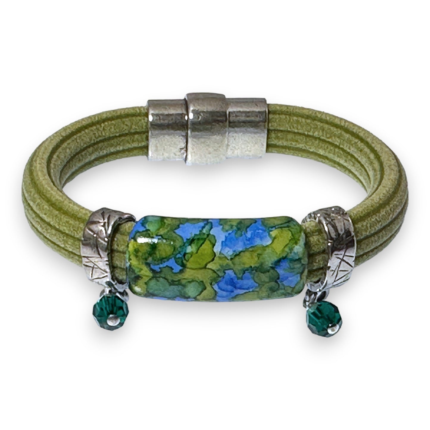 Olive Green Regaliz Cordoroy Rubber Bracelet With Handpainted Focal And Crystal Accents