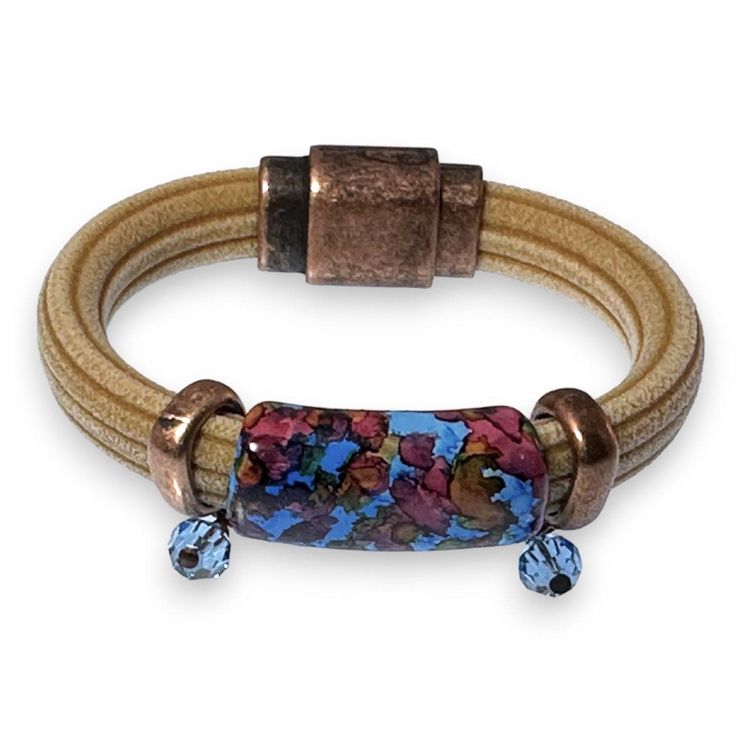 Sand Brown Regaliz Cordoroy Rubber Bracelet With Handpainted Focal And Crystal Accents