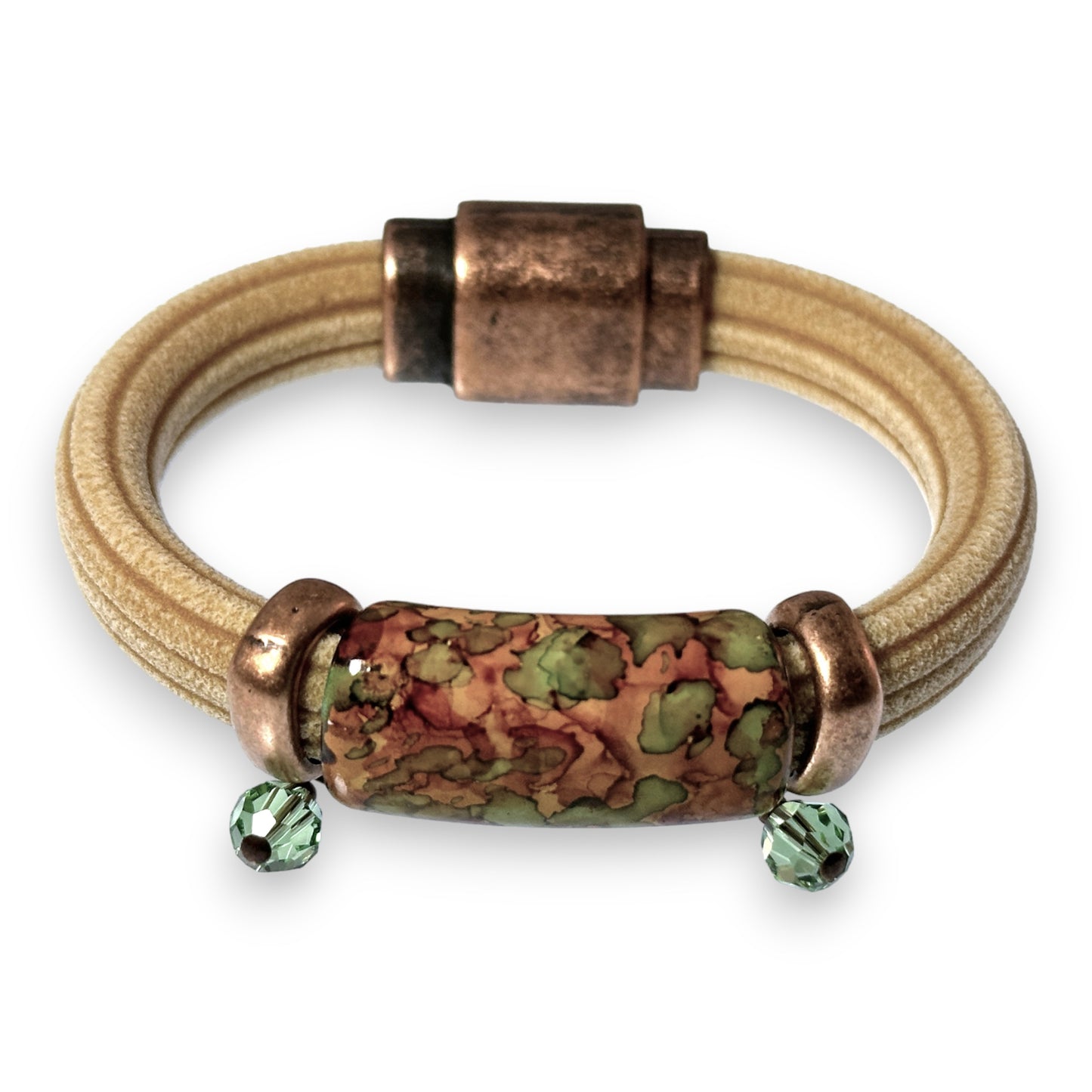 Sand Brown Regaliz Cordoroy Rubber Bracelet With Handpainted Focal And Crystal Accents