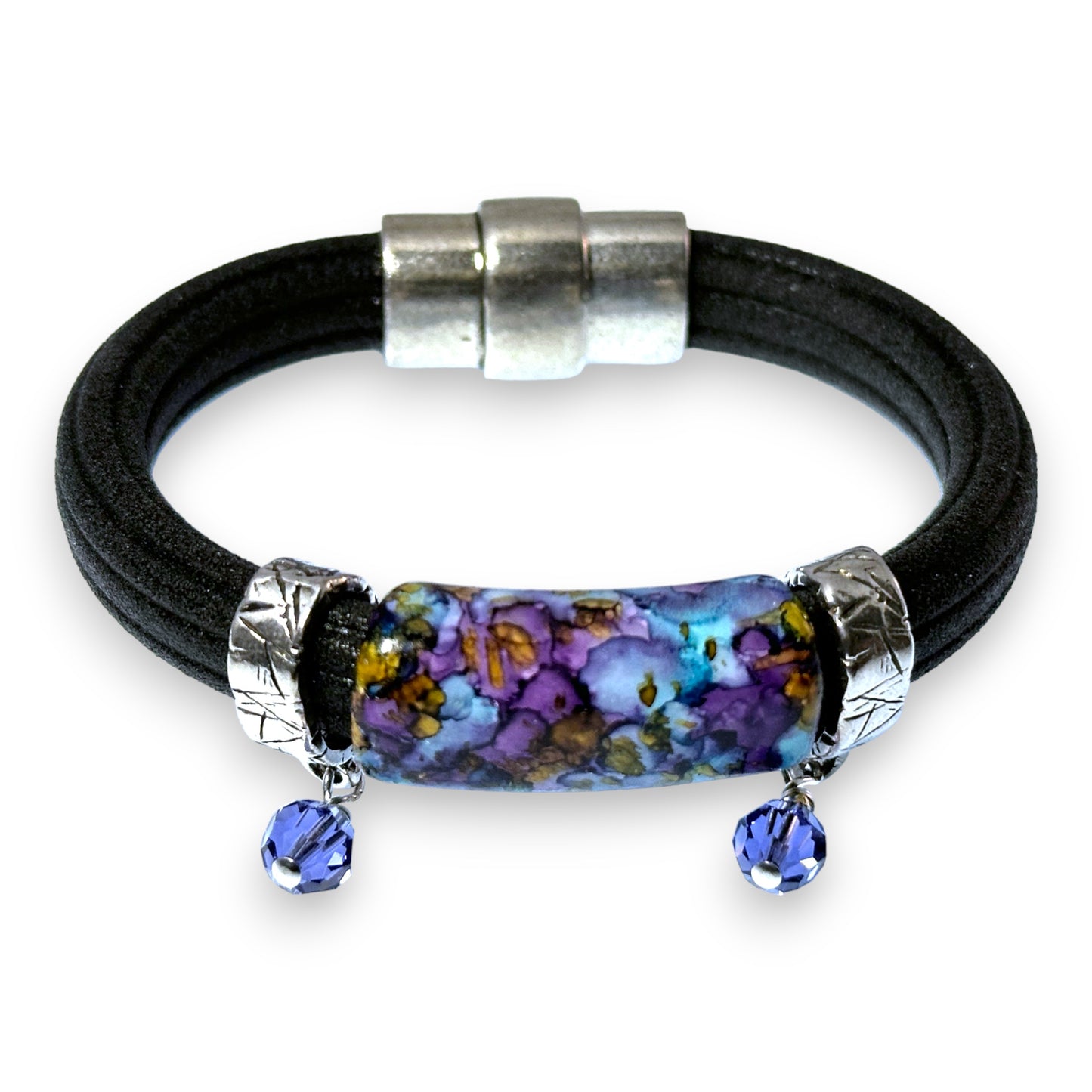 Black Regaliz Cordoroy Rubber Bracelet With Handpainted Focal And Crystal Accents