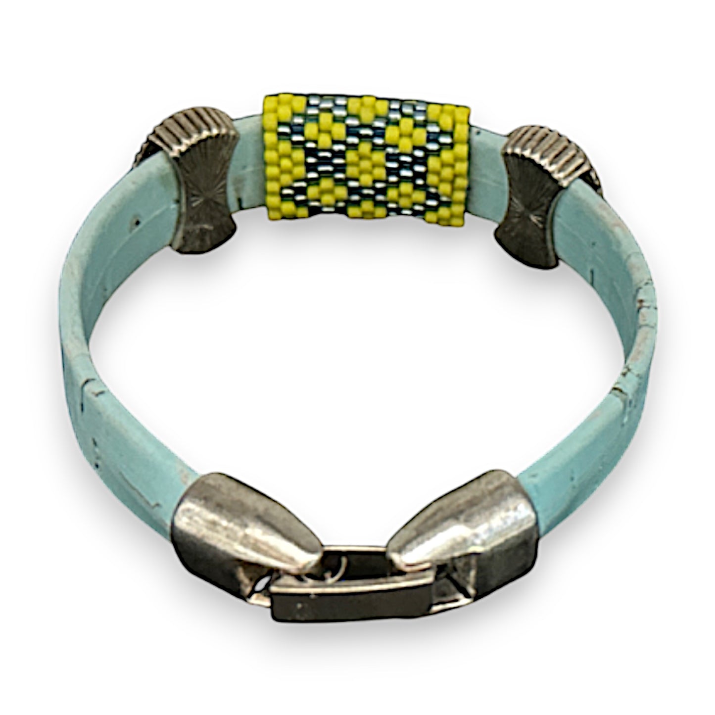 Sky Blue Eco-Friendly Cork Bracelet with Handwoven Peyote Bead Design