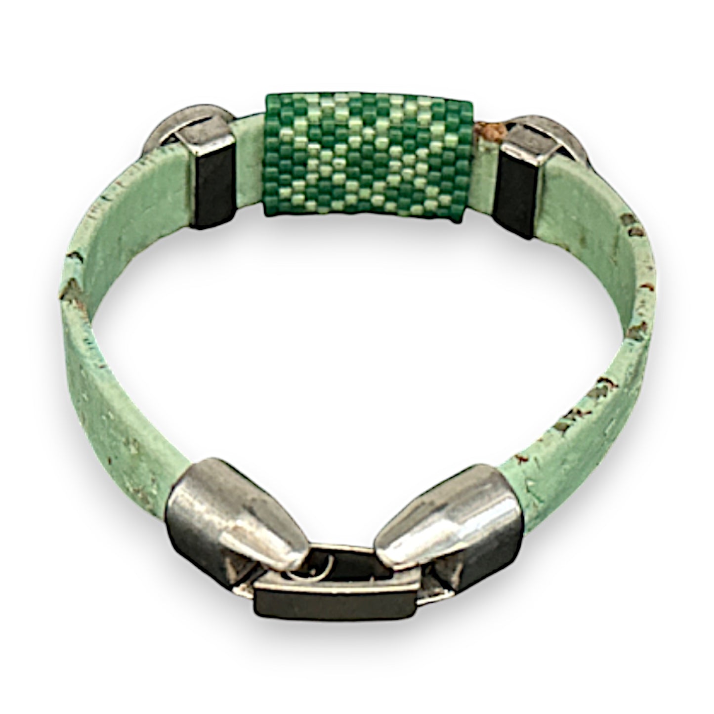 Mint Green Eco-Friendly Cork Bracelet with Handwoven Peyote Bead Design