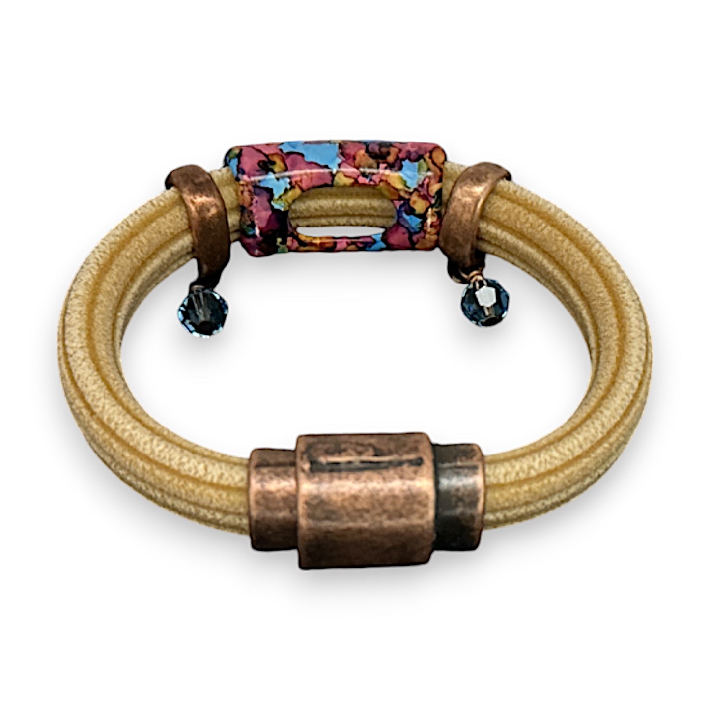 Sand Brown Regaliz Cordoroy Rubber Bracelet With Handpainted Focal And Crystal Accents