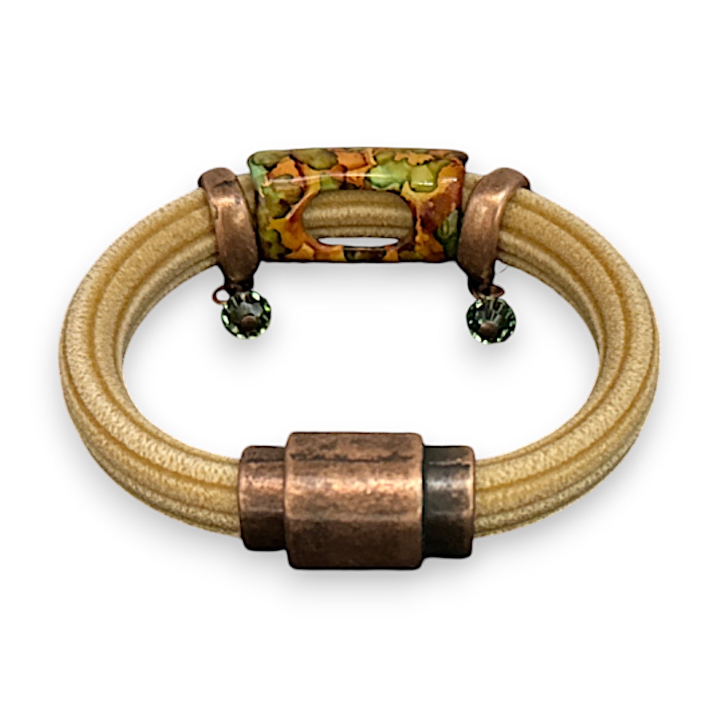 Sand Brown Regaliz Cordoroy Rubber Bracelet With Handpainted Focal And Crystal Accents