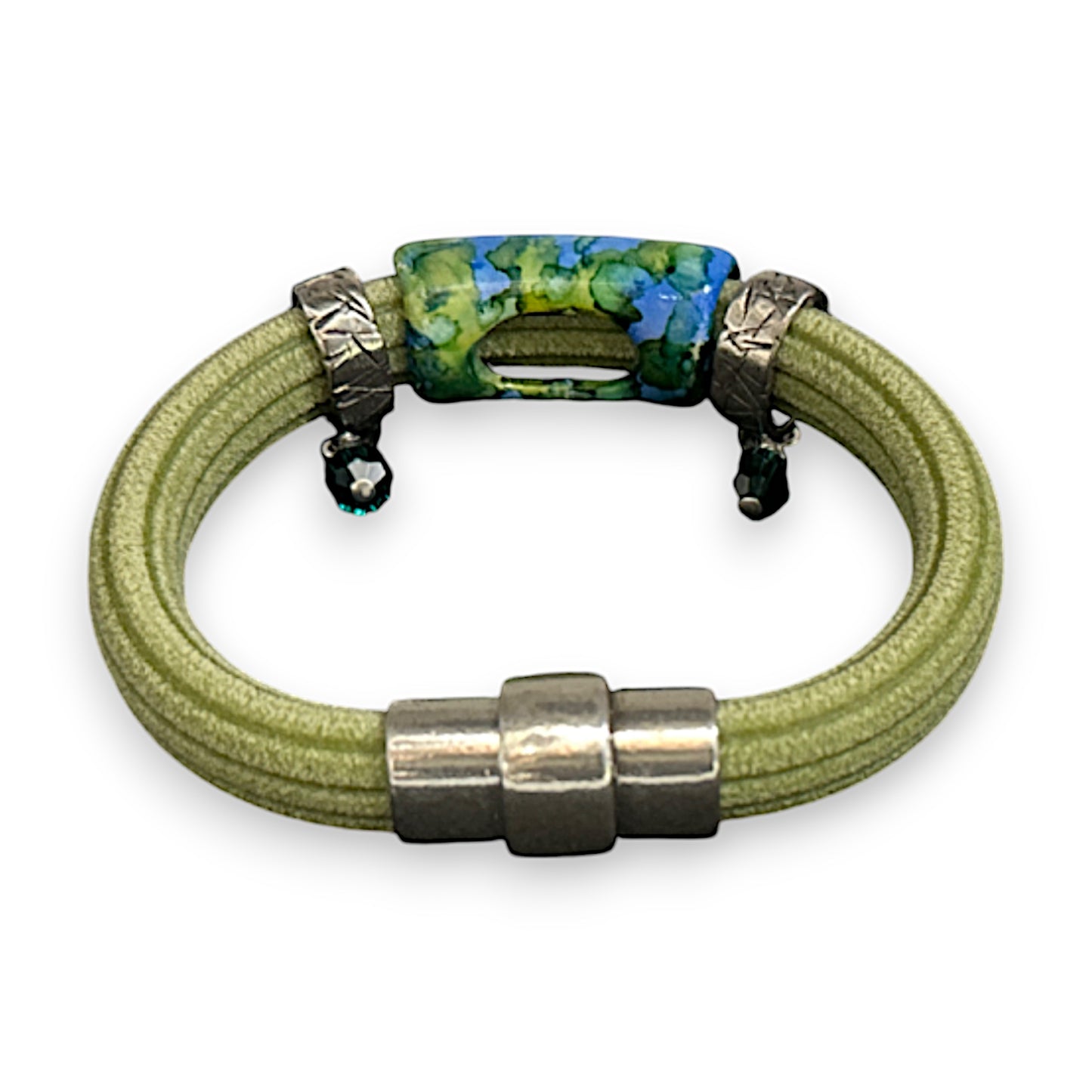 Olive Green Regaliz Cordoroy Rubber Bracelet With Handpainted Focal And Crystal Accents