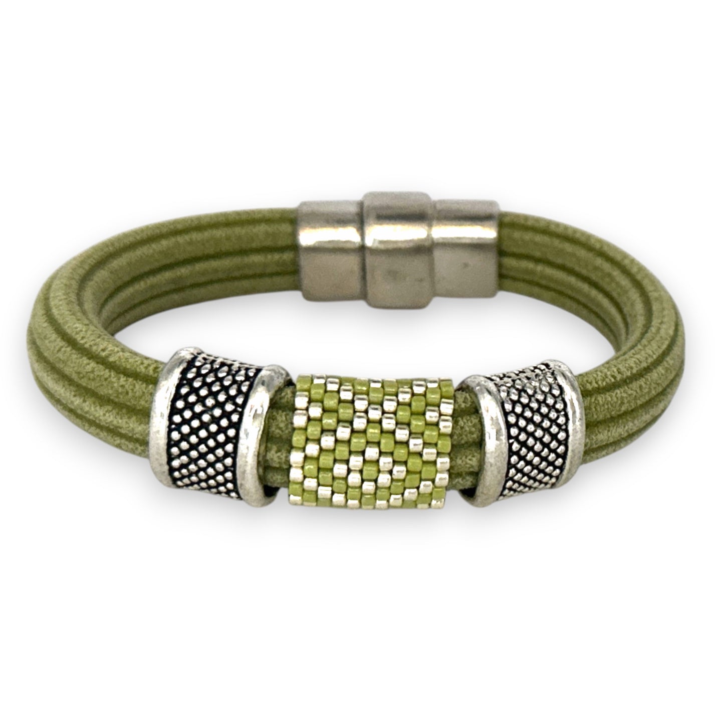 Green Regaliz Cordoroy Rubber Beaded Bangle with Handwoven Peyote Stitch