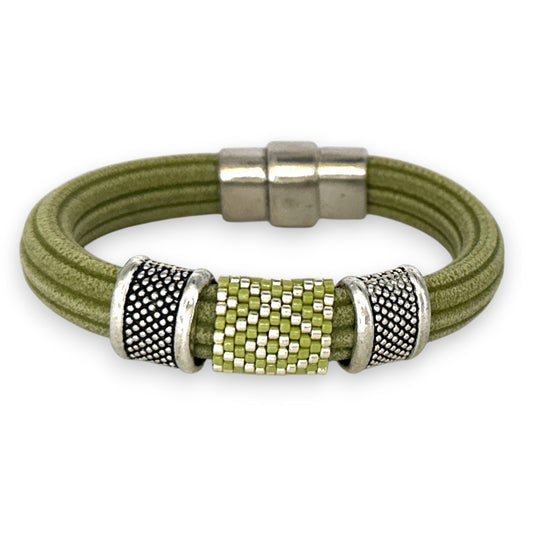 Green Regaliz Cordoroy Rubber Beaded Bangle with Handwoven Peyote Stitch