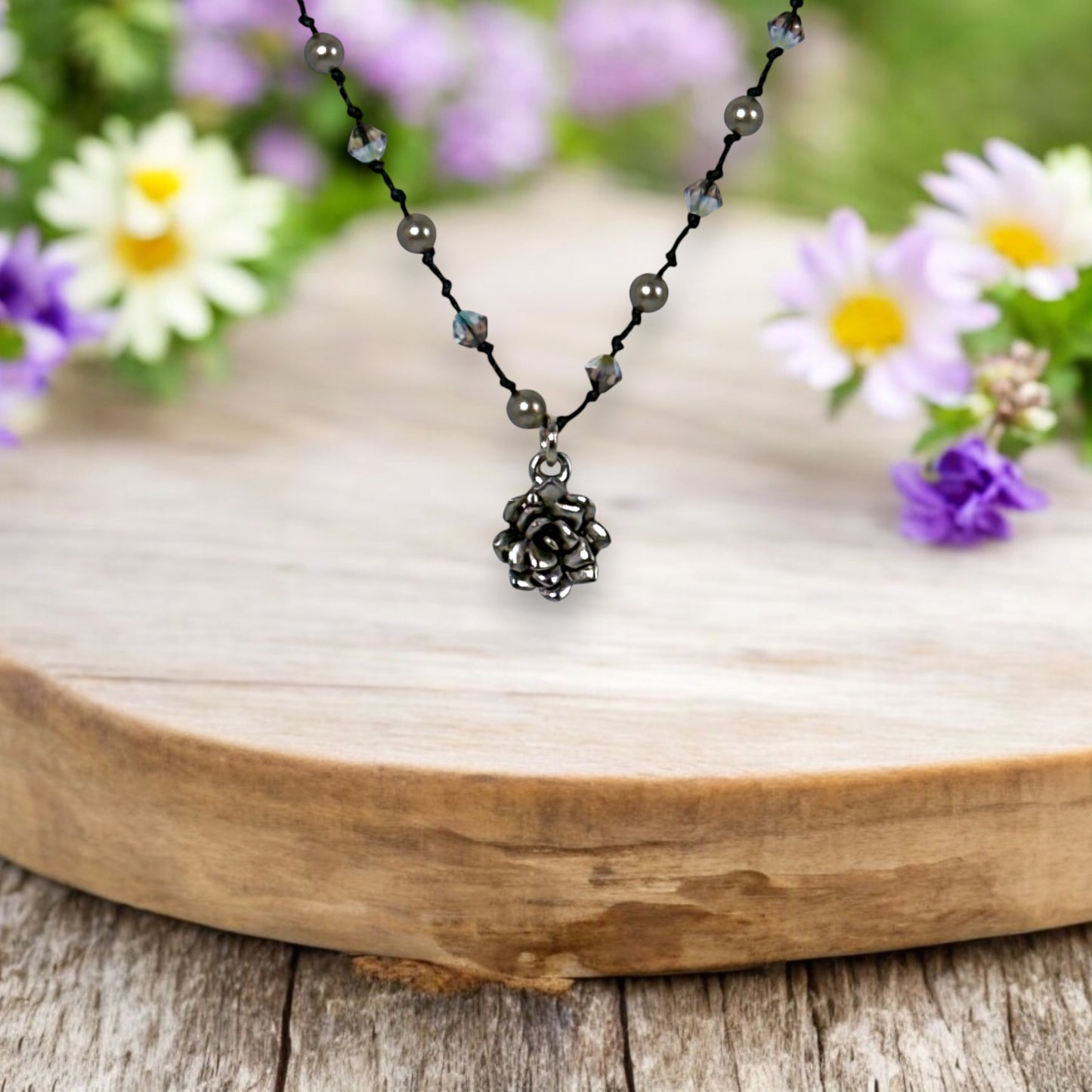 Hand Knotted Necklace with Flower Pendant, Crystals and Crystal Pearls