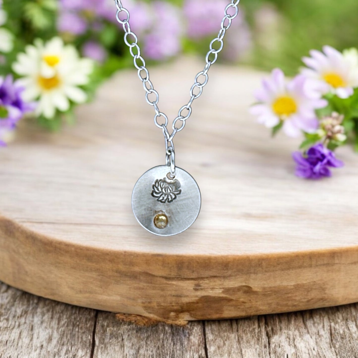 Sterling Silver Pendant November Chrysanthemum Birth Flower Necklace