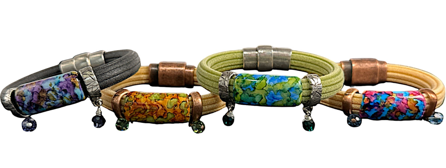 Sand Brown Regaliz Cordoroy Rubber Bracelet With Handpainted Focal And Crystal Accents