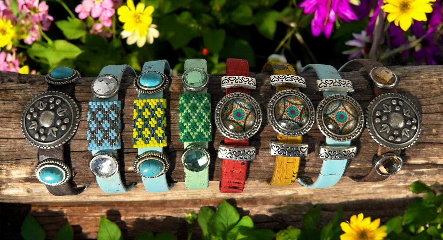 Sky Blue Eco-Friendly Cork Bracelet with Handwoven Peyote Bead Design