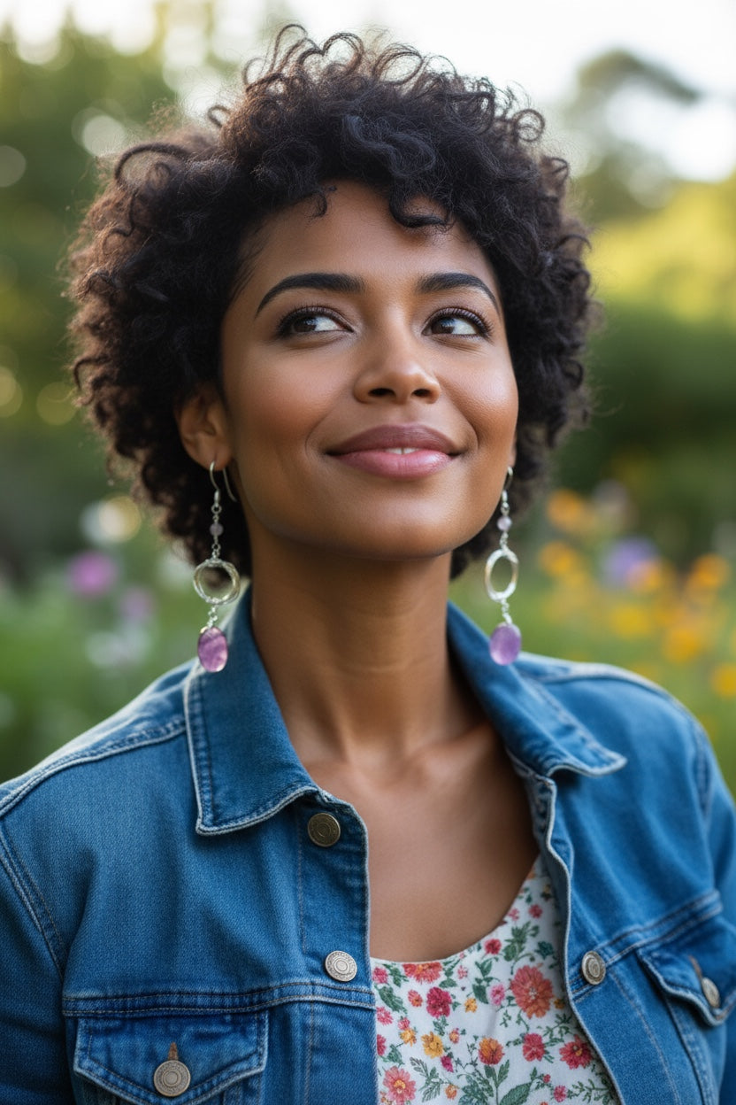 Circle of Life Earrings with Rainbow Fluorite and Lavender Amethyst