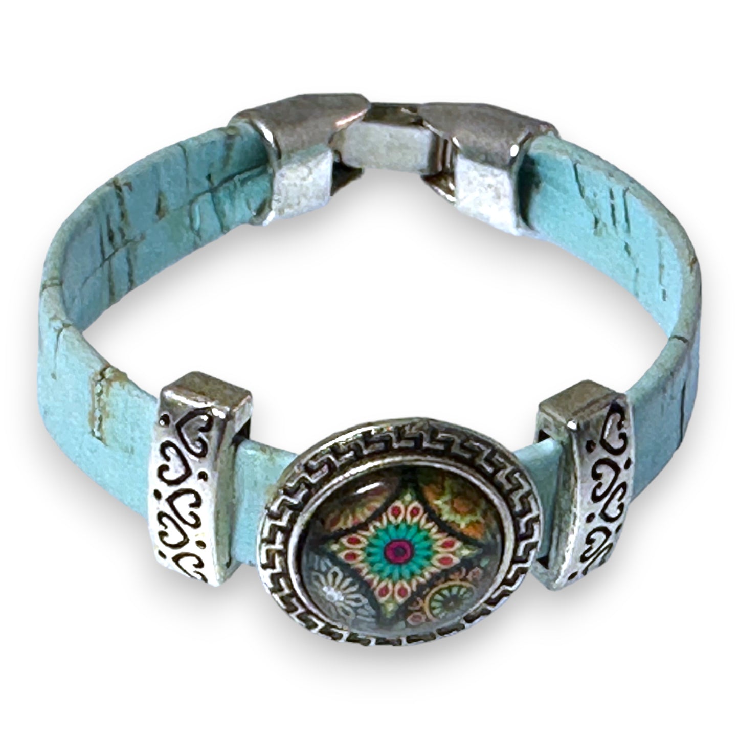 Sky Blue Eco-Friendly Cork Bracelet With Portuguese Tile Pattern Slider Bead