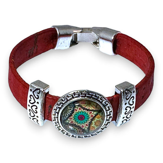 Wine Red Eco-Friendly Cork Bracelet With Portuguese Tile Pattern Slider Bead