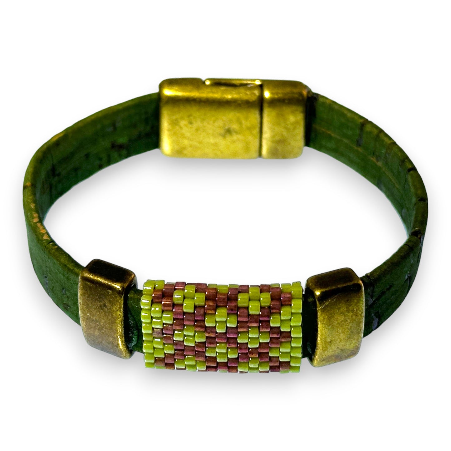 Green Eco-Friendly Cork Bracelet with Handwoven Peyote Bead Design
