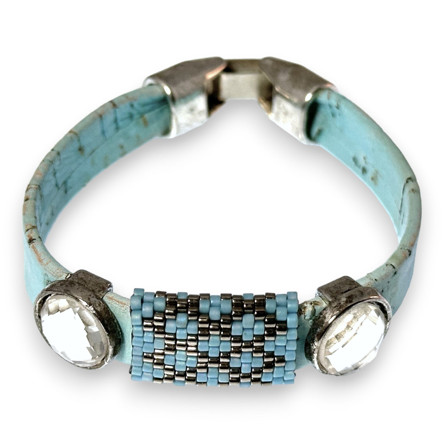 Sky Blue Eco-Friendly Cork Bracelet with Handwoven Peyote Bead Design