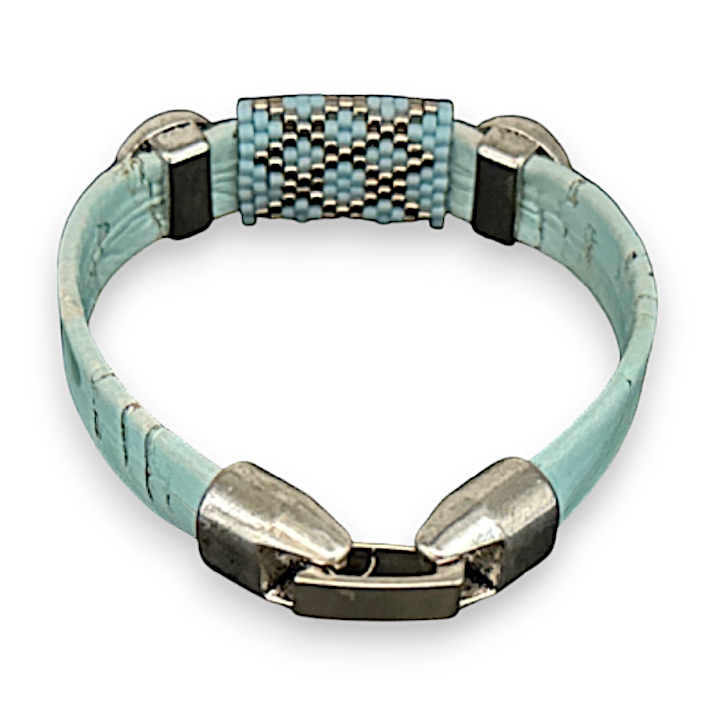 Sky Blue Eco-Friendly Cork Bracelet with Handwoven Peyote Bead Design