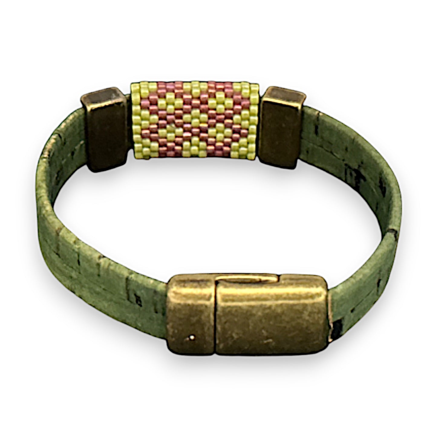 Green Eco-Friendly Cork Bracelet with Handwoven Peyote Bead Design