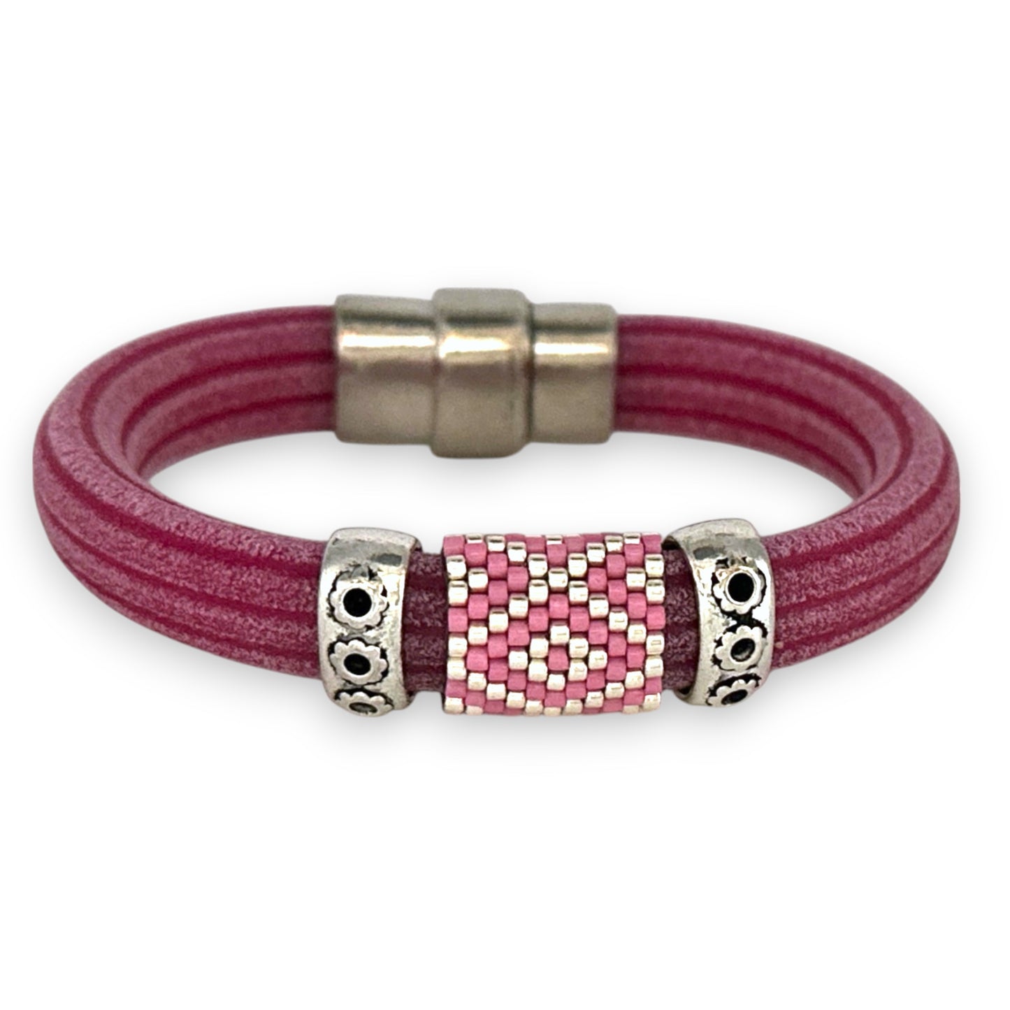 Pink Regaliz Cordoroy Rubber Beaded Bangle with Handwoven Peyote Stitch