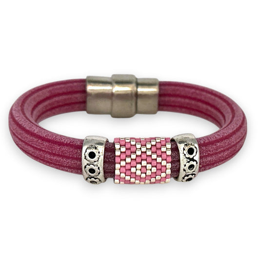 Pink Regaliz Cordoroy Rubber Beaded Bangle with Handwoven Peyote Stitch