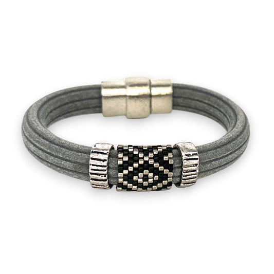Gray Regaliz Cordoroy Rubber Beaded Bangle with Handwoven Peyote Stitch