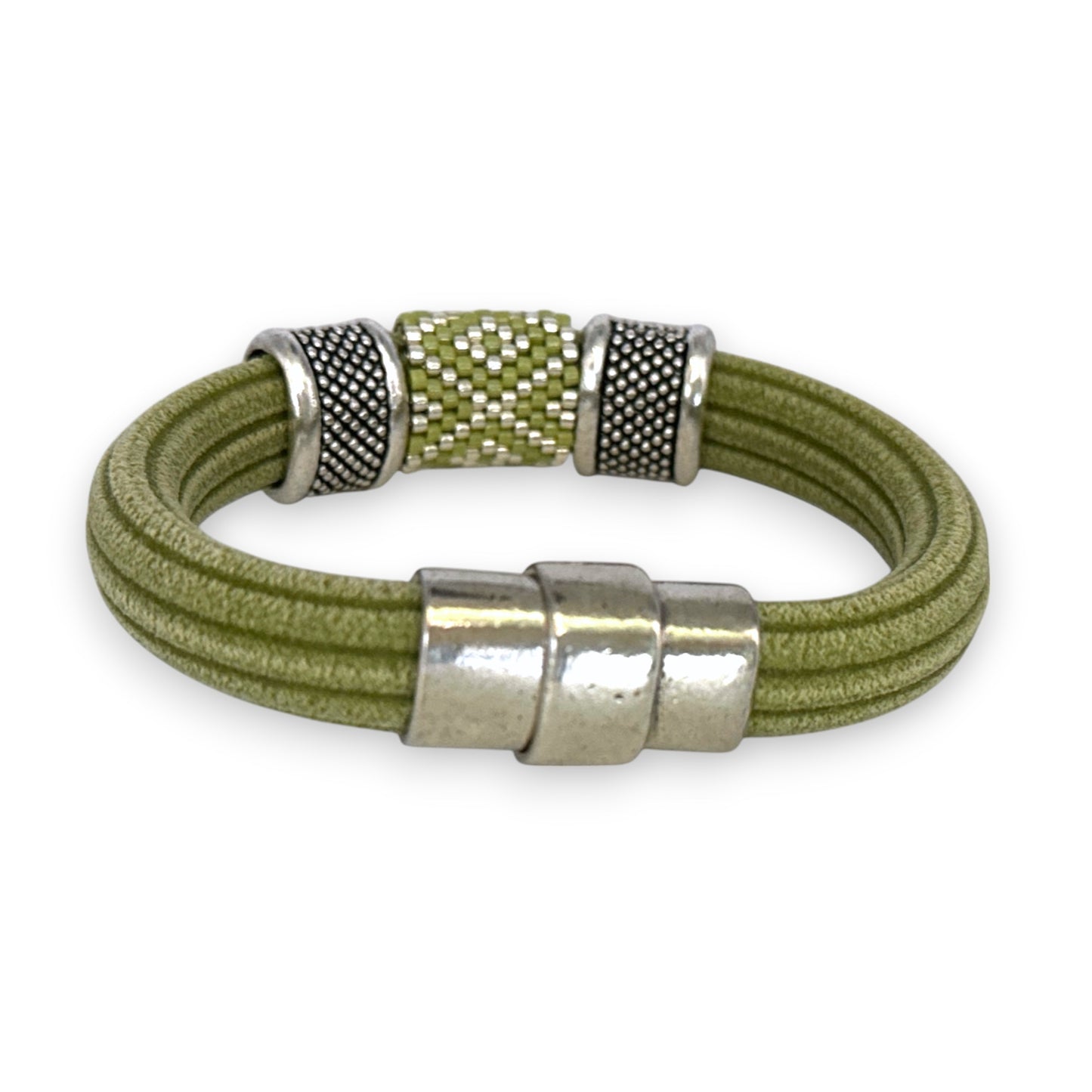 Green Regaliz Cordoroy Rubber Beaded Bangle with Handwoven Peyote Stitch