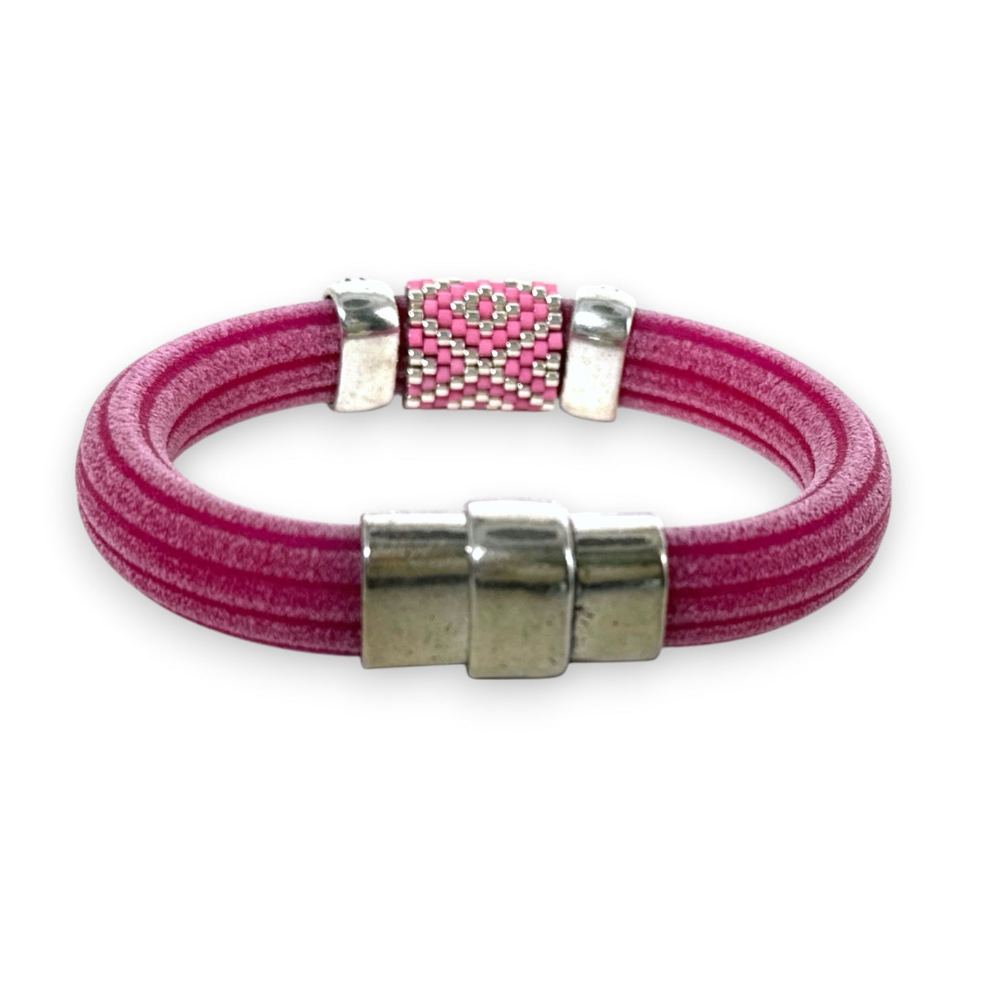 Pink Regaliz Cordoroy Rubber Beaded Bangle with Handwoven Peyote Stitch