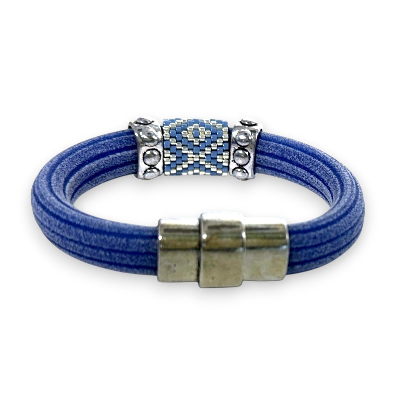 Blue Regaliz Cordoroy Rubber Beaded Bangle with Handwoven Peyote Stitch