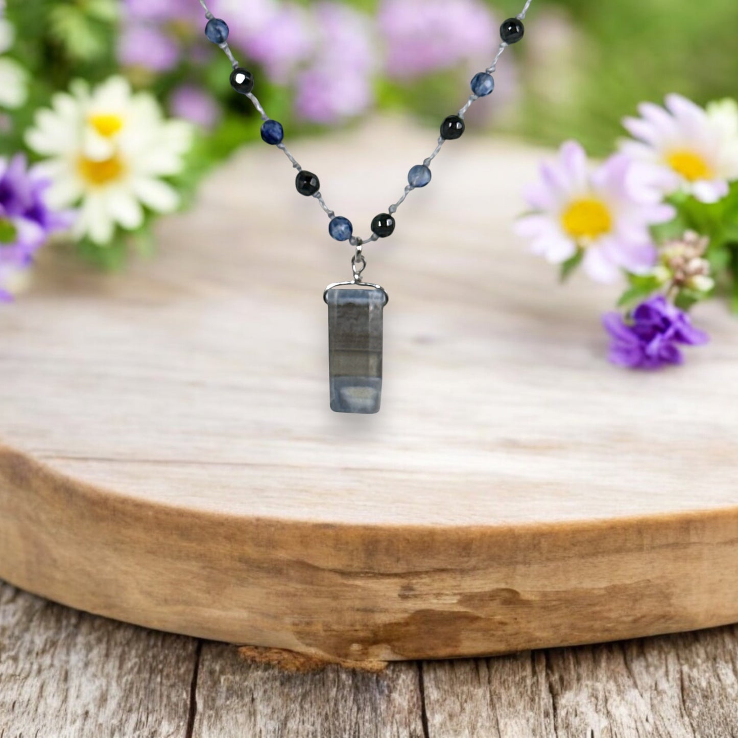 Hand Knotted Necklace with Blue Banded Agate, Blueberry Quartz and Hematite Stones