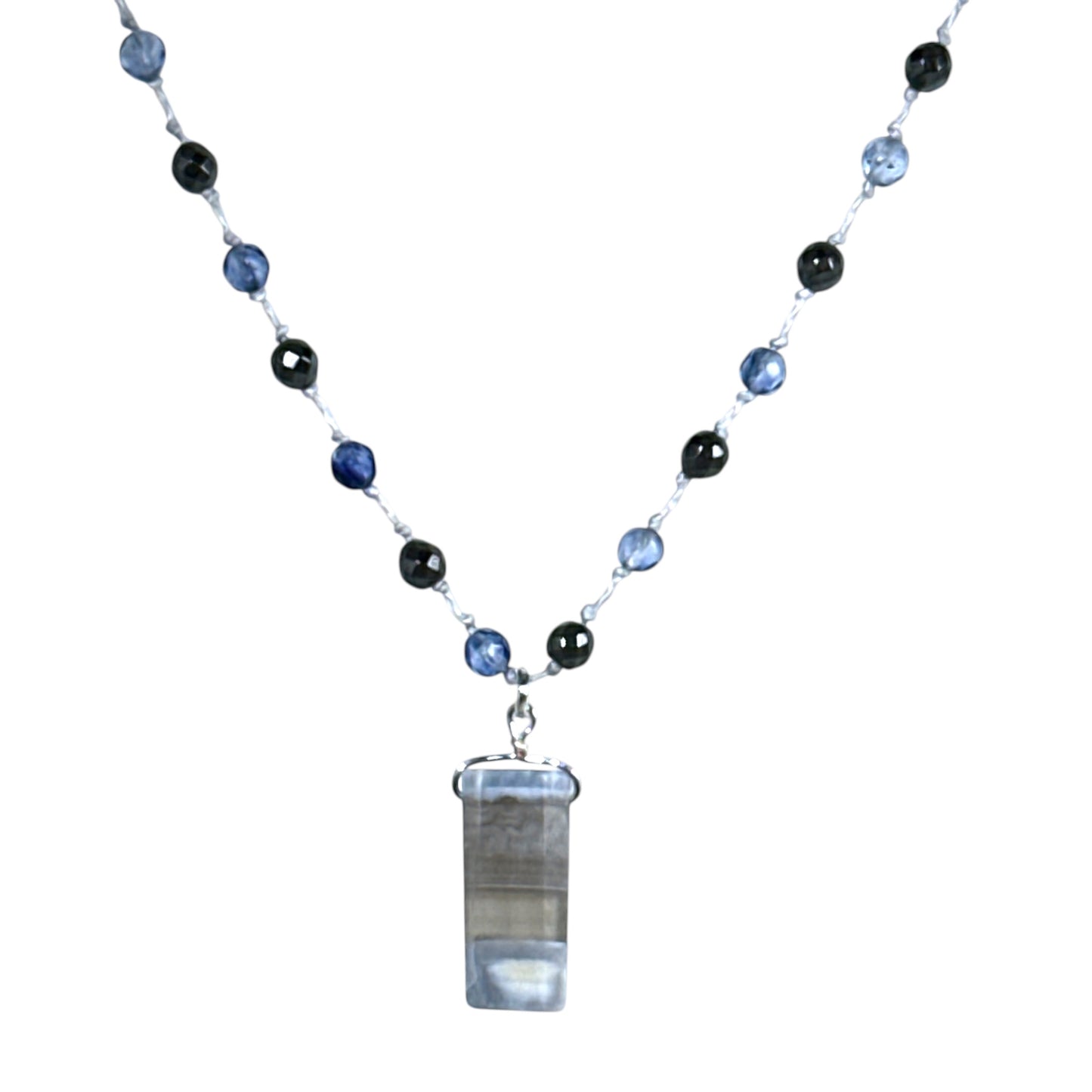 Hand Knotted Necklace with Blue Banded Agate, Blueberry Quartz and Hematite Stones