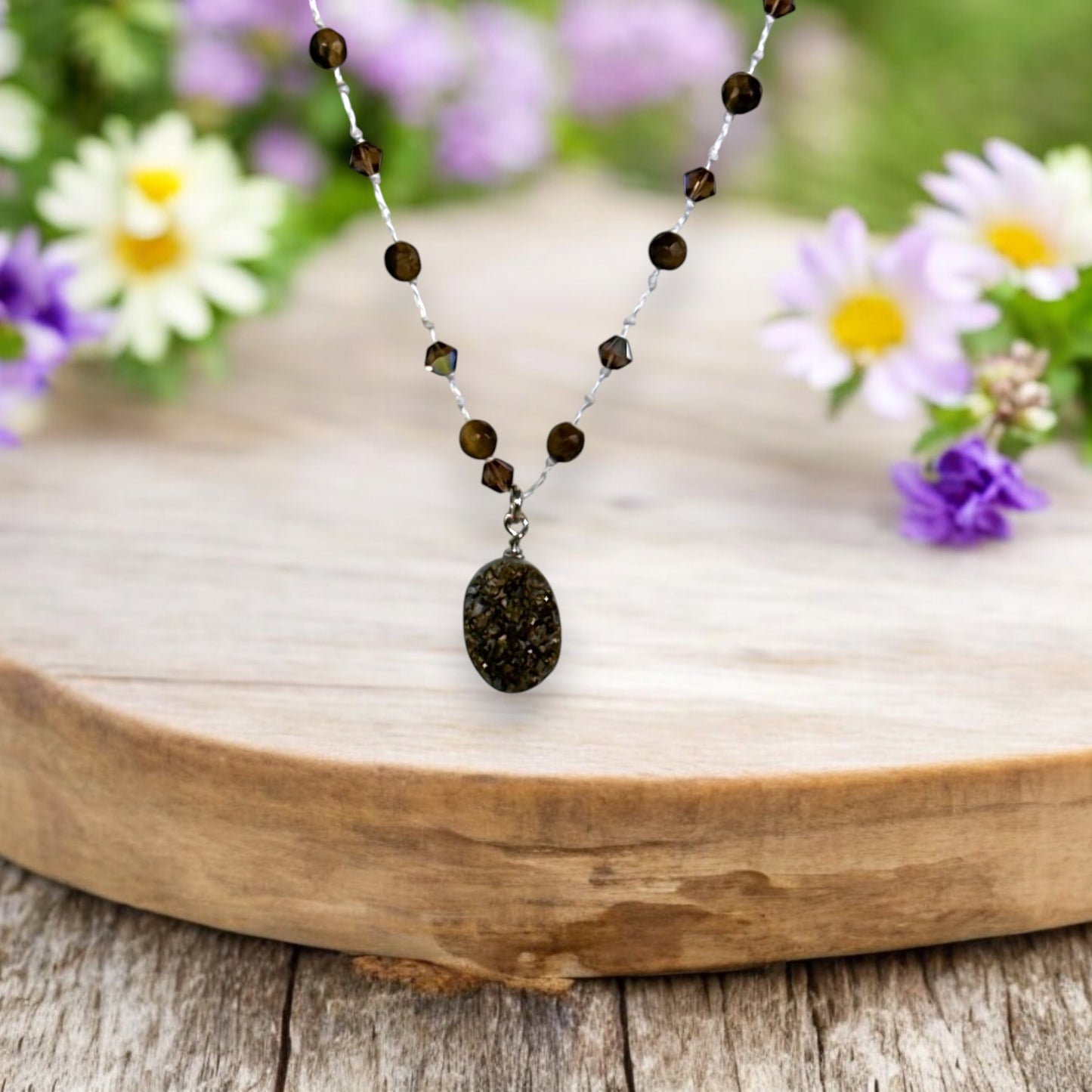 Hand Knotted Necklace with Druzy Stone, Brown Crystals and  Tiger Eye Gemstones