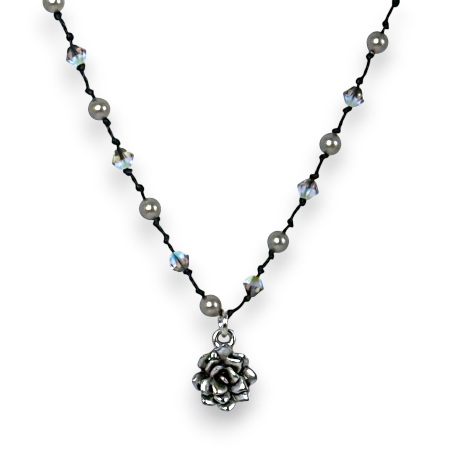 Hand Knotted Necklace with Flower Pendant, Crystals and Crystal Pearls