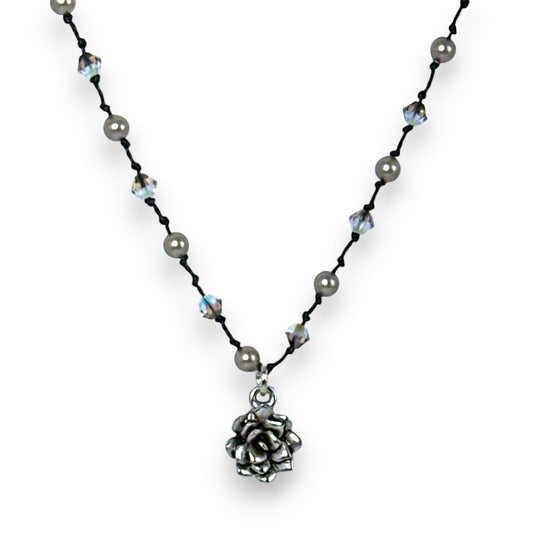 Hand Knotted Necklace with Flower Pendant, Crystals and Crystal Pearls