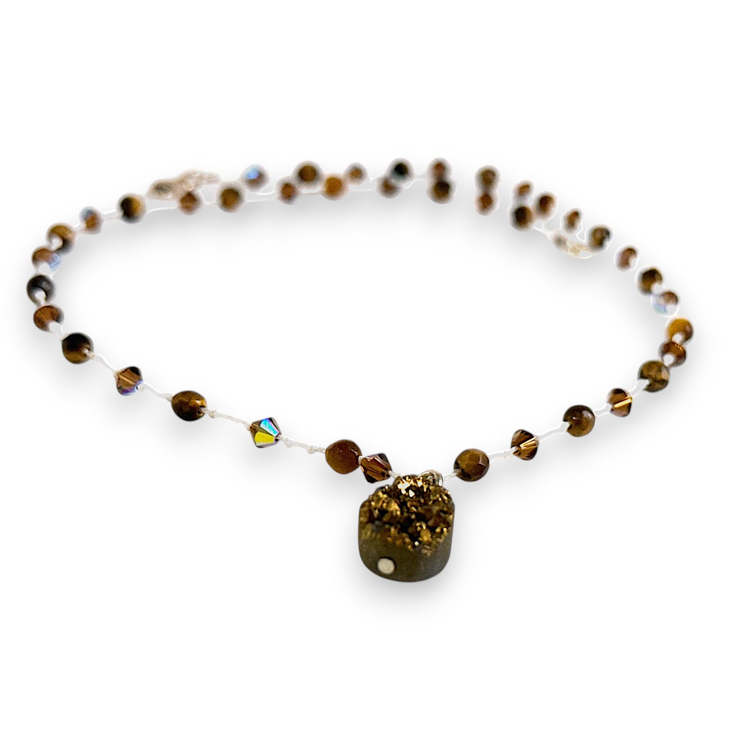Hand Knotted Necklace with Druzy Stone, Brown Crystals and  Tiger Eye Gemstones