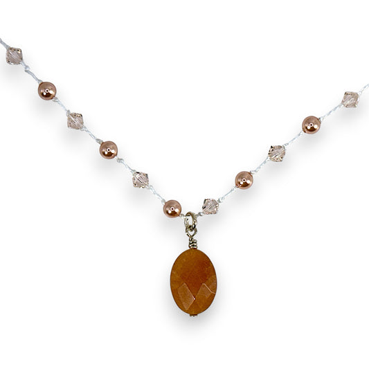 Hand Knotted Necklace with Red Aventurine, Crystals and Crystal Pearls