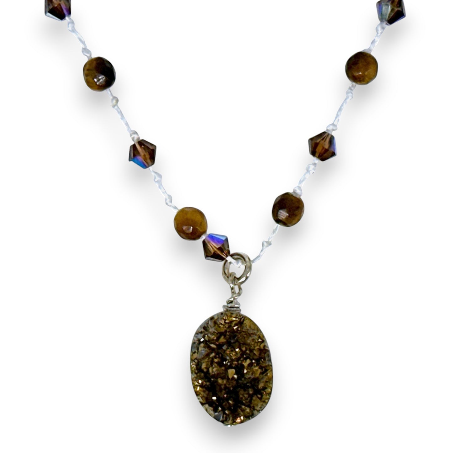 Hand Knotted Necklace with Druzy Stone, Brown Crystals and  Tiger Eye Gemstones