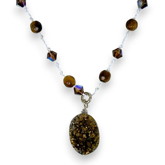 Hand Knotted Necklace with Druzy Stone, Brown Crystals and  Tiger Eye Gemstones