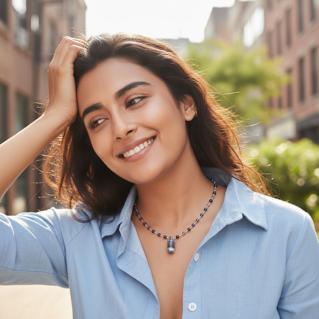 Hand Knotted Necklace with Blue Banded Agate, Blueberry Quartz and Hematite Stones